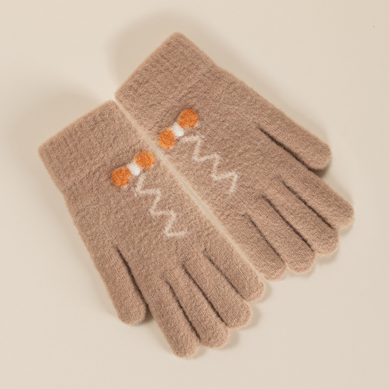 雪花秀女士手套冬季保暖针织提花拼色五指手套玩手机触屏分指手套