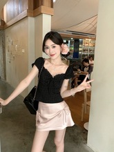 甜辣妹套装法式黑色蕾丝边短袖衬衫女夏季小众蝴蝶结半身裙两件套