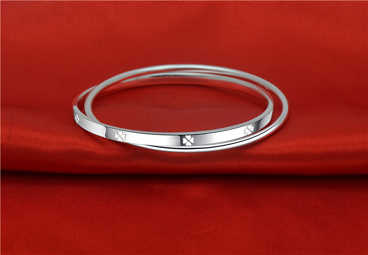 正品足银9999镯子双环相扣时尚简约网红幸运四叶草纯银手镯送女友