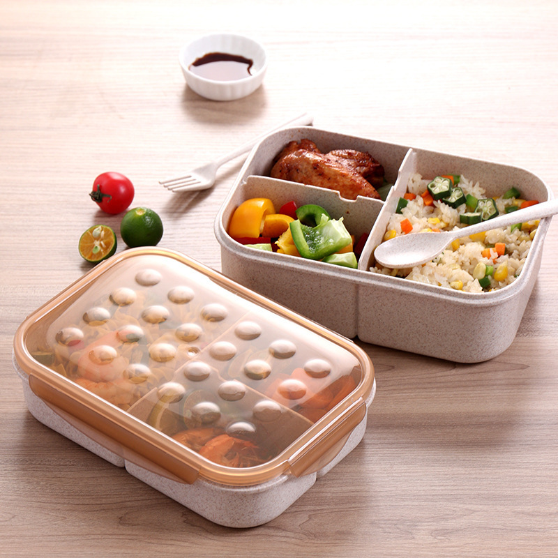 定制小麦秸秆便当盒 单层带叉勺饭盒 便携分格大容量方形饭盒