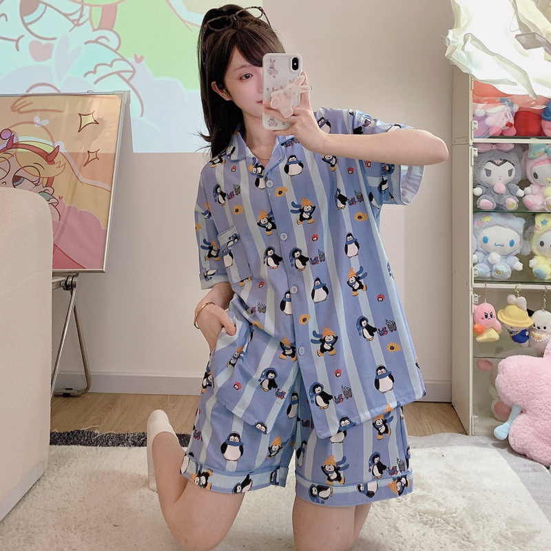 卡通企鹅睡衣女款夏季纯棉短袖短裤薄款夏天网红可爱家居服套装