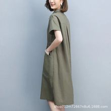 棉麻连衣裙女2022年新款休闲宽松妈妈夏天薄款收腰短袖衬衫裙子女