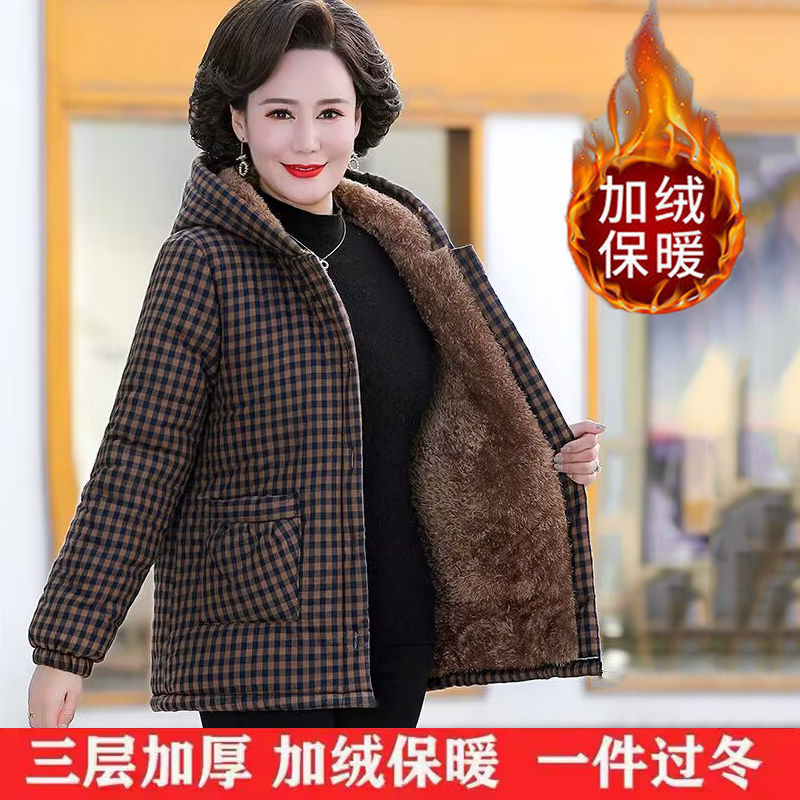妈妈冬装加绒加厚棉袄中老年人女连帽保暖棉服老太太短款棉衣外套