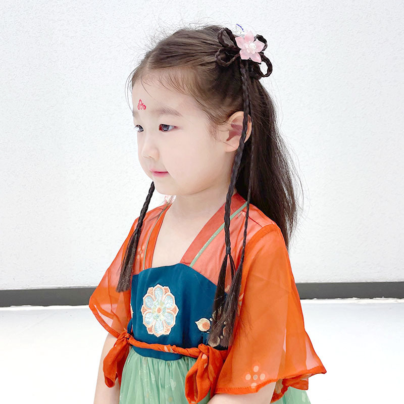 2021国潮汉服头饰小辫子假发中国风儿童花朵蝴蝶卡通萌物发箍发夹