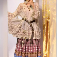 波西米亚镂空喇叭袖上衣民族风格子印花叠穿半身裙旅游度假套装