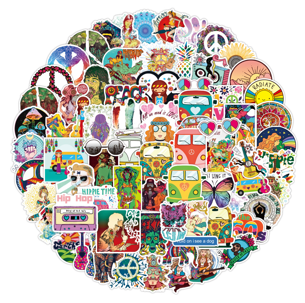 100张嬉皮士涂鸦贴纸笔记本滑板行李箱摩托车水杯防水贴纸定制