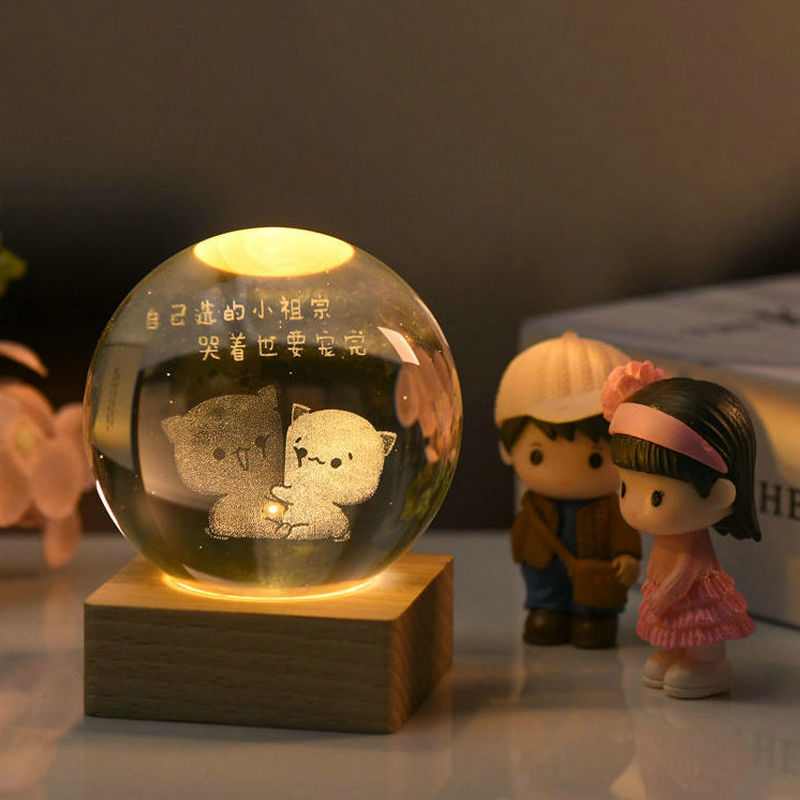 创意水晶球3D立体内雕球发光小夜灯水晶摆件节日气氛圣诞礼品批发