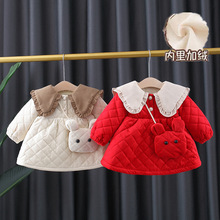2022年冬装新款菱格丽丝绒棉衣外套 女宝宝加绒加厚棉服送兔背包