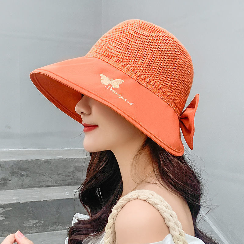 Spring and Summer Beach Sun Protection Fisherman Hat Summer Sun Protection Female Sun Hat Bow Seaside Holiday Hollow-out Straw Hat
