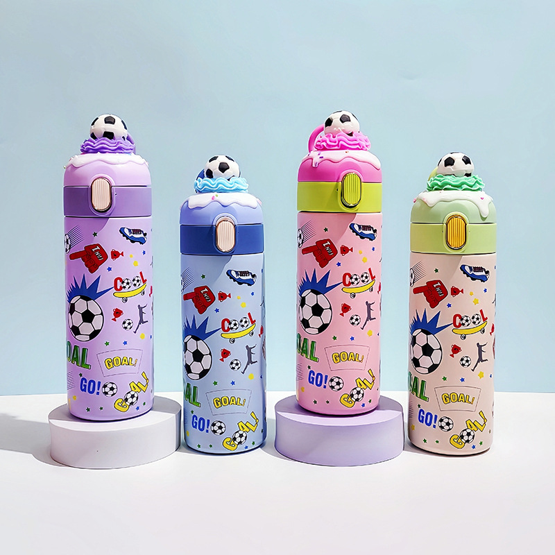 Factory Direct Sales Cross-Border 304 Stainless Steel Thermos Cup Solid Color Handle Cover Cartoon UV Print Football Straight Glass