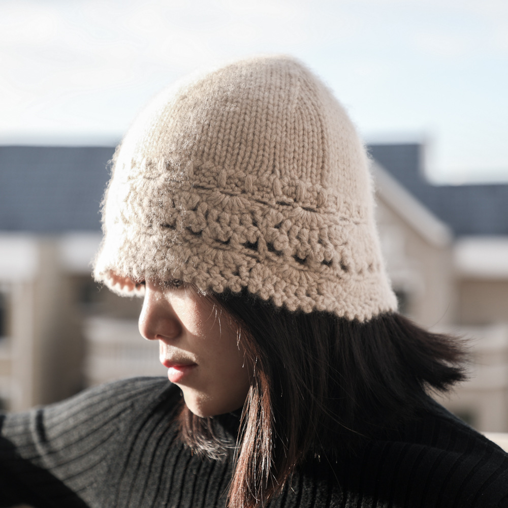 法国浪漫休闲纯色手工编织羊绒镂空毛线帽贝雷帽加厚保暖针织帽子