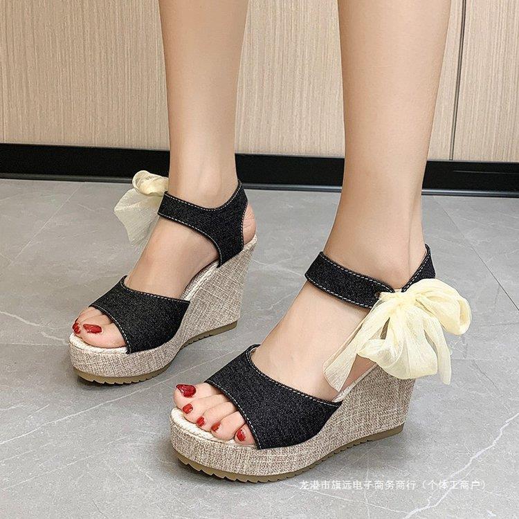 新款松糕大码坡跟凉鞋丝带夏季鱼嘴鞋甜美2023厚底高跟凉鞋批发女