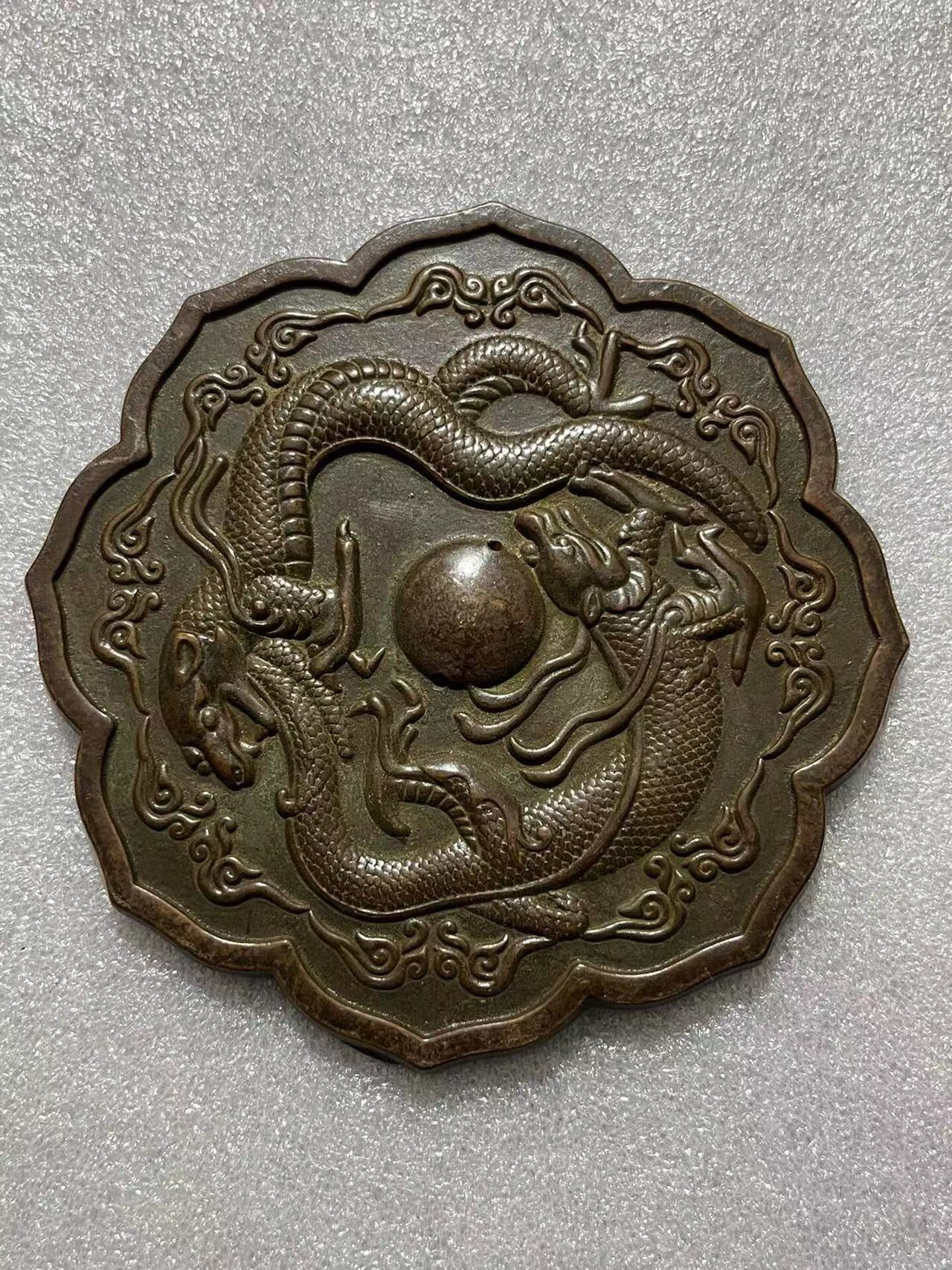 古董古玩铜器收藏纯铜做旧铜镜仿古铜镜双龙青铜镜纯铜加厚