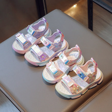 女童2023韩版夏季新款儿童鞋花朵彩红软底公主露趾沙滩鞋休闲鞋潮