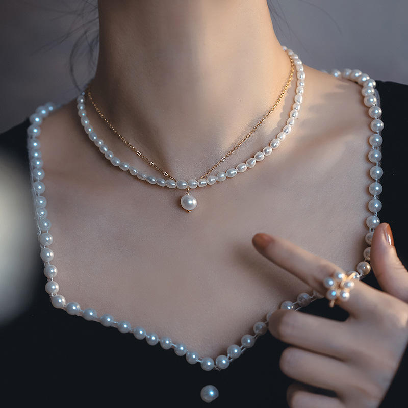 双层米粒淡水珍珠项链新款钛钢巴洛克珍珠水滴颈链气质网红锁骨链