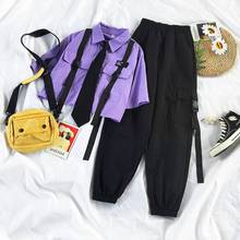 夏季套装女学生韩版宽松领带短袖衬衫+高腰直筒束脚工装裤两件套
