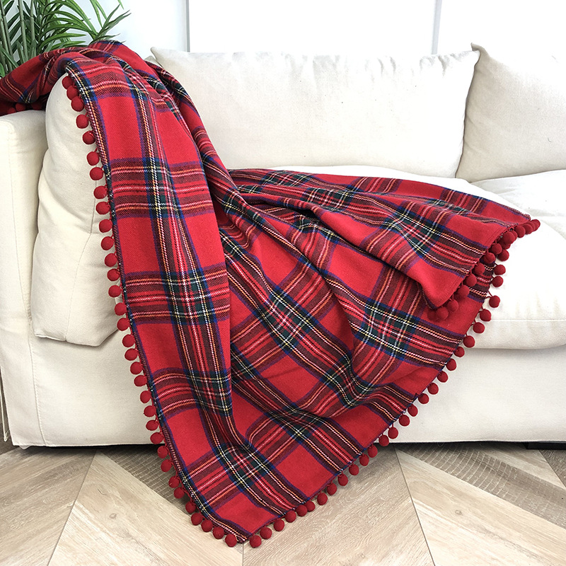 Hot Sale Christmas Holiday Style Nordic Style Knitted Plaid Fuzzy Ball Edge Cover Blanket Home Office Model Room Blanket