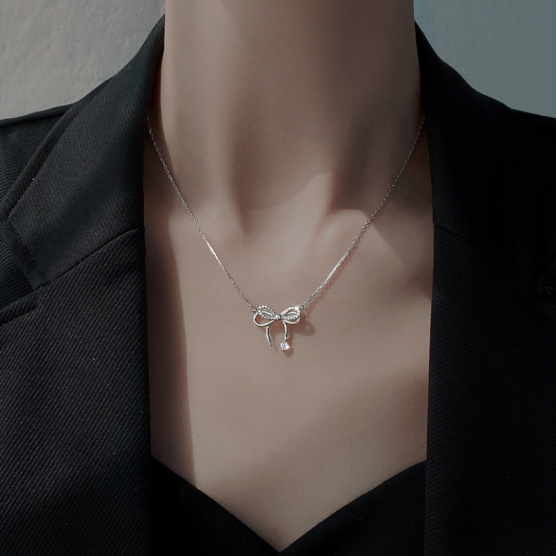 Bow Necklace 2023 New Light Luxury High-End Design Sense Niche Female Summer Clavicle Necklace S925 Sterling Silver