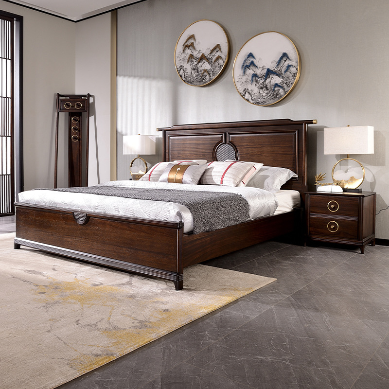 新中式双人床乌金木禅意官帽大床黑檀色大户型别墅全屋家具