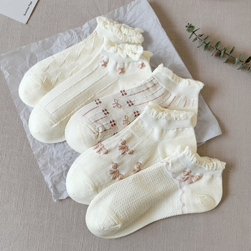 白色袜子女春夏薄款洛丽塔短袜纯色可爱泡泡口立体提花袜学生棉袜