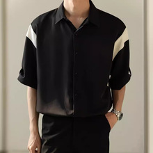 夏季轻熟风休闲短袖衬衫男装韩版潮流拼接撞色半中袖冰丝垂感衬衣