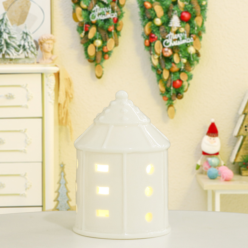 Nordic Style Ceramic House Decoration Hollow Design LED Light Atmosphere Decoration Christmas Crafts Gift Wholesale