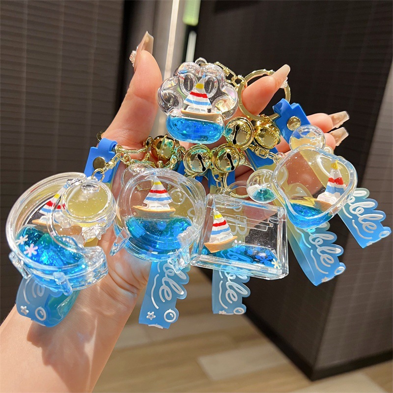 acrylic oil-filled smooth quicksand bottle keychain exquisite liquid blue sailboat drift bottle pendant gift