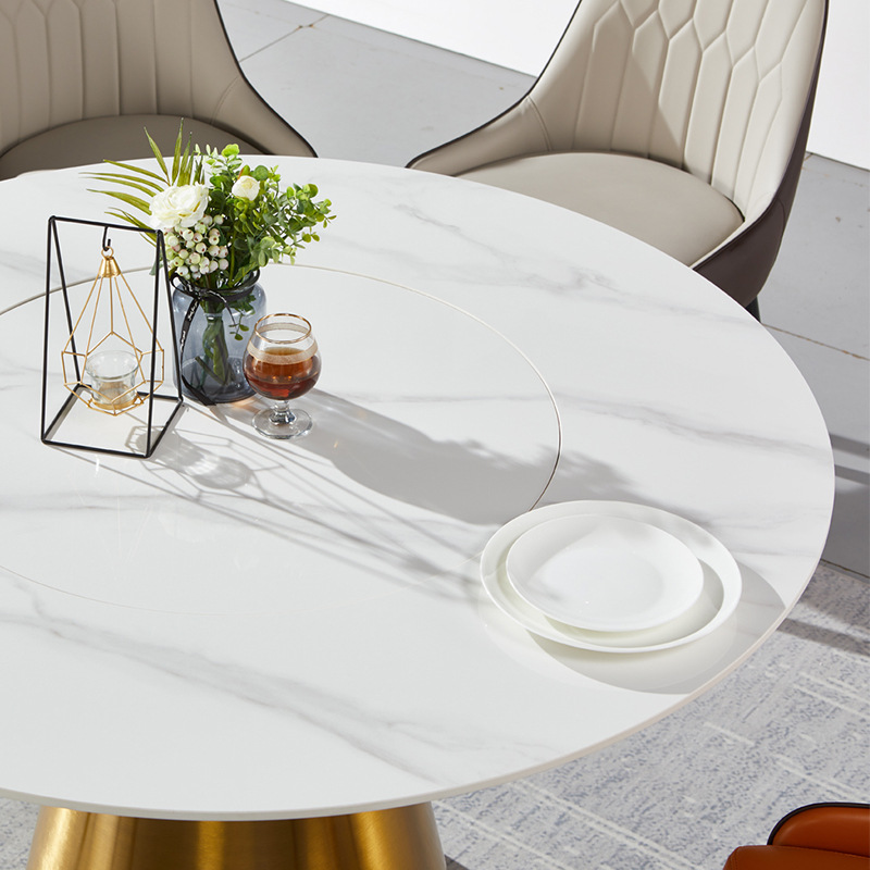 内嵌式岩板圆桌 古铜色支架 大小户型简约时尚岩板转盘餐桌