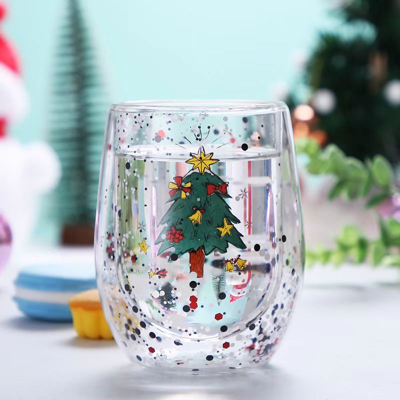 New Christmas Cup Heat-Resistant Double Layer Glass Cup Flowing Sequins Christmas Cup Cute Cartoon Snowflake Christmas Tree Milk