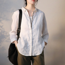 日系外贸原单彩色织带文艺宽松纯色棉麻衬衫九分袖休闲长袖上