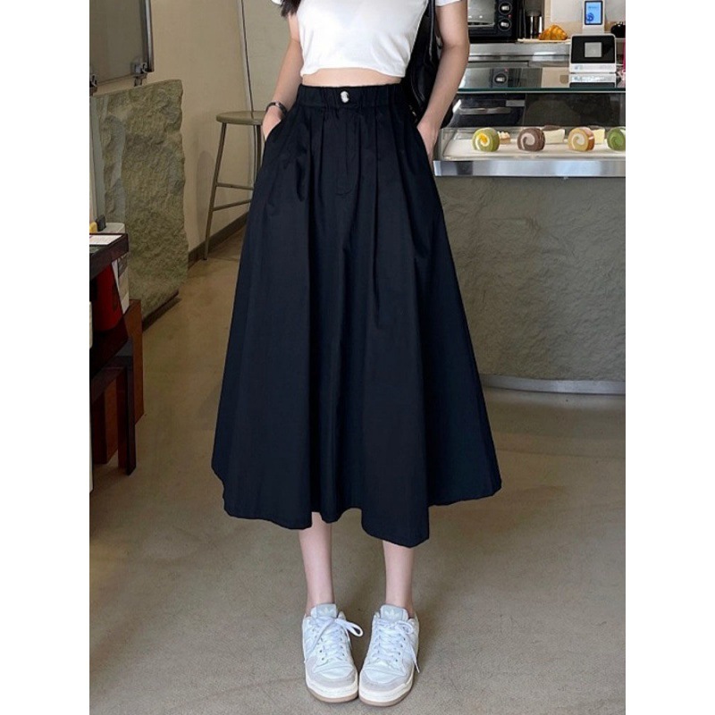 工装裙子高腰字裙中长款伞裙显瘦黑色休闲半身裙女春夏新款-阿里巴巴