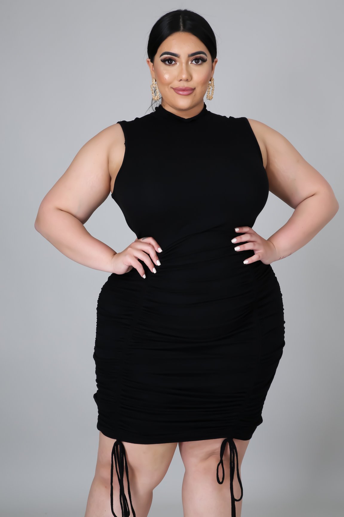 qj5284 跨境货源新款欧美肥婆女装加大码 坑条抽绳折皱连衣裙