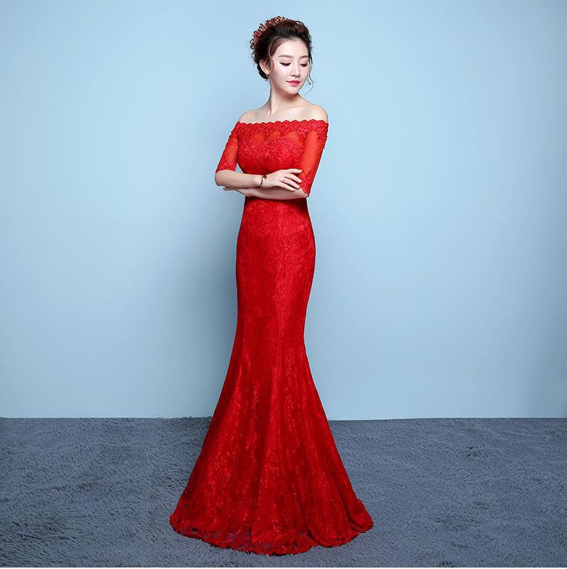 婚纱裙成人礼结婚婚纱新款鱼尾婚纱收腰鱼尾婚纱红色一字肩修身显