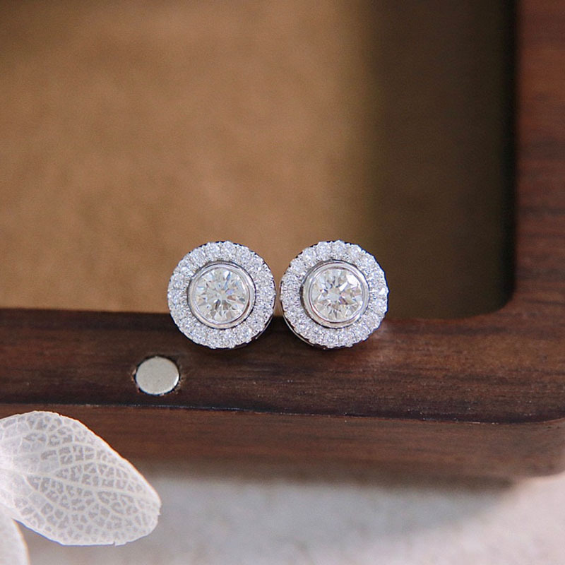 真金真钻18k金钻石泡泡耳钉au750白金围镶钻耳环简约一款多戴耳钉