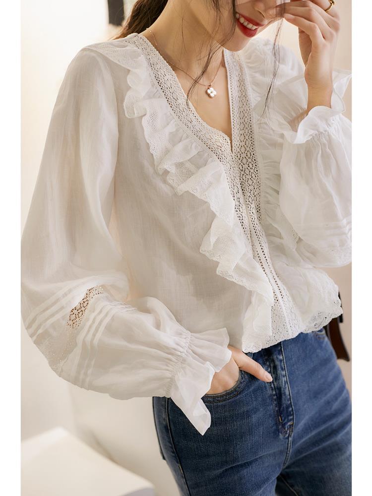 法式复古宫廷风上衣女2022年春季新款清新甜美苎麻荷叶边镂空衬衫