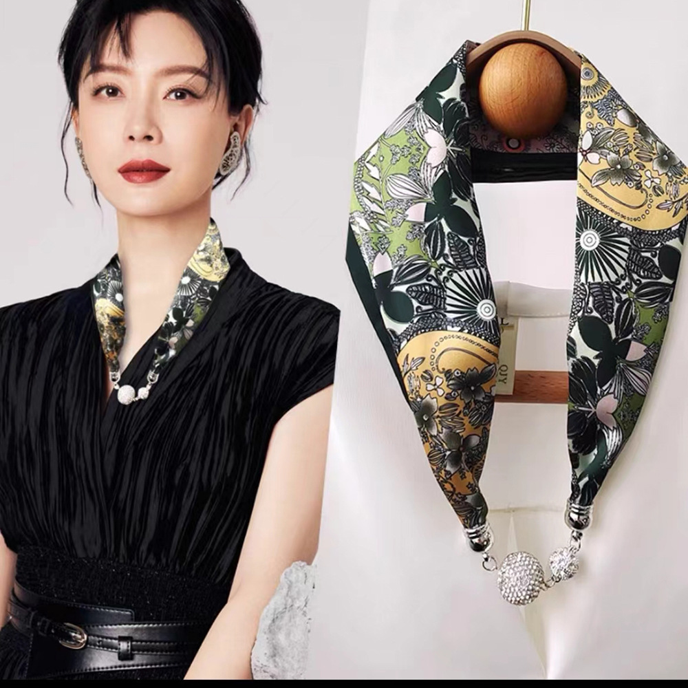 Pink Silk Scarf Magnetic Buckle Necklace Pendant Dopamine Wear Wear Spring and Autumn Cervical Support Women's Small Scarf Shirt