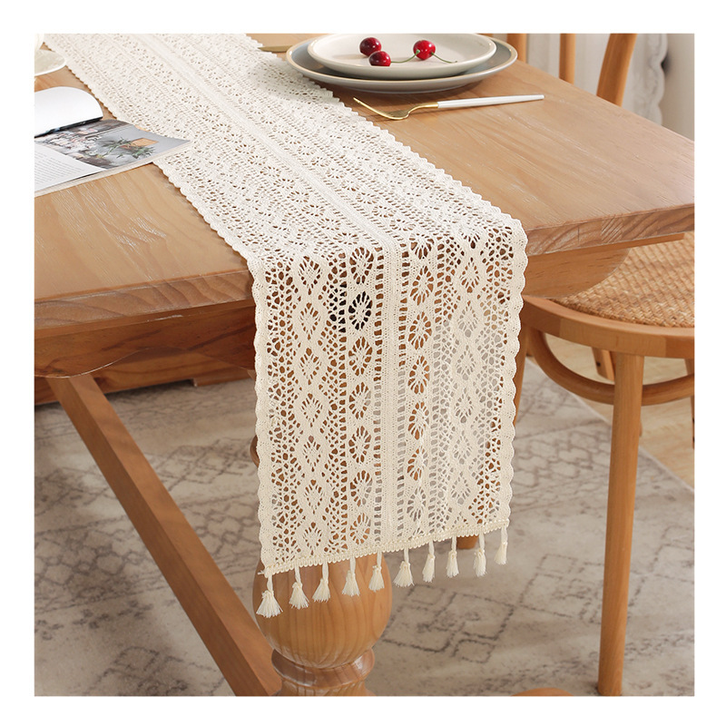 French Retro Hollow Lace Table Runner Hand-Crocheted Cotton Crochet Artistic Idyllic TV Shoe Cabinet Cover Towel Bed Runner