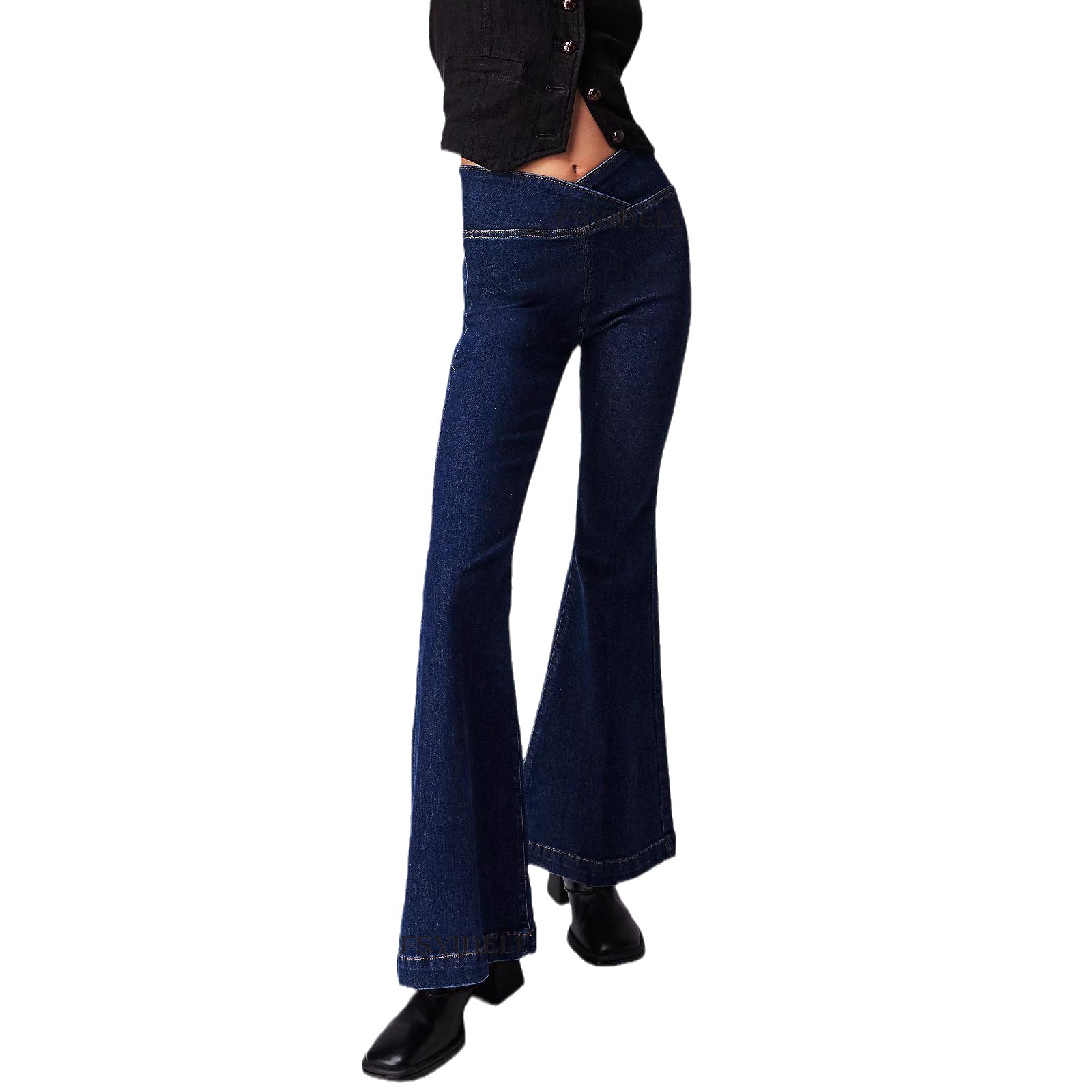 2023 Foreign Trade Spring and Autumn New Irregular Jeans Women's High Waist Slim Slim Flare Pants Trousers Su3481