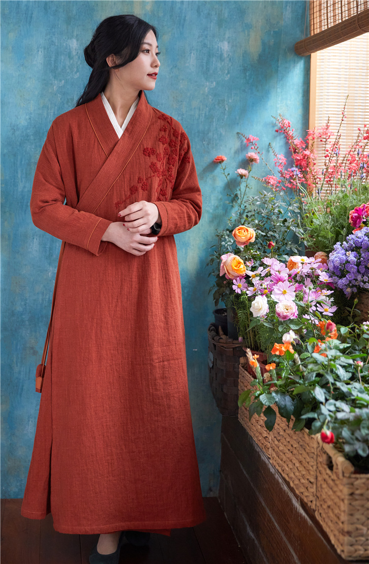 21年汉服袍子棉麻汉风元素重工刺绣改良茶服秋冬复古开衫210935