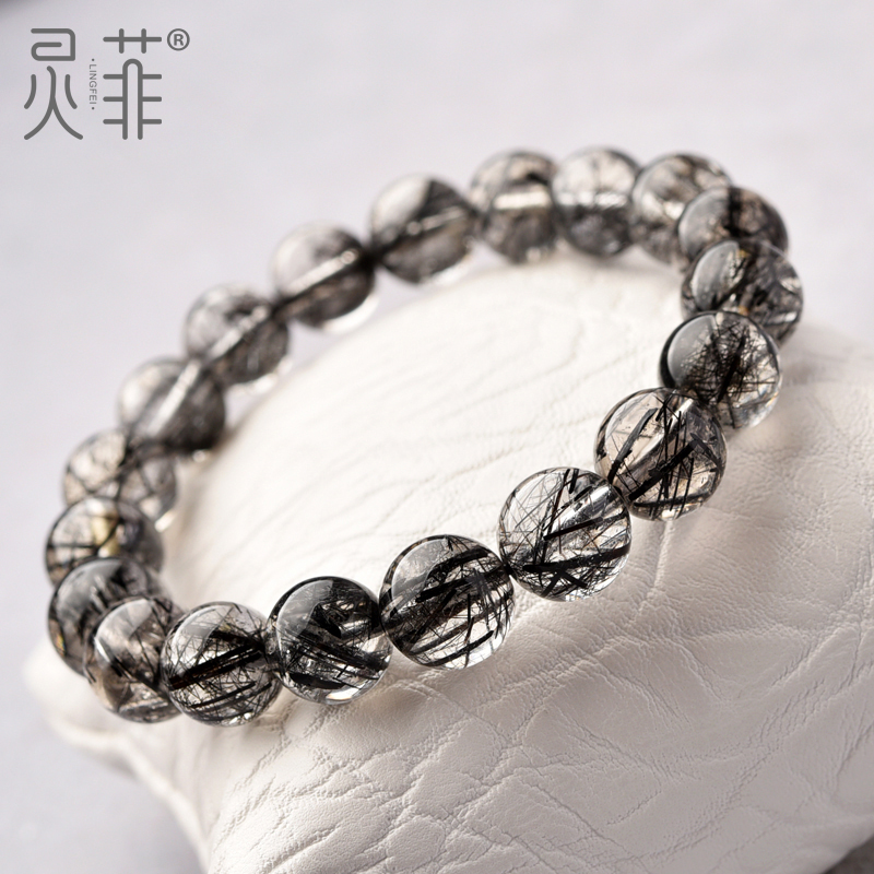 天然黑发晶手链一物一图发丝浓郁黑钛晶黑色水晶珠子单圈手串男女