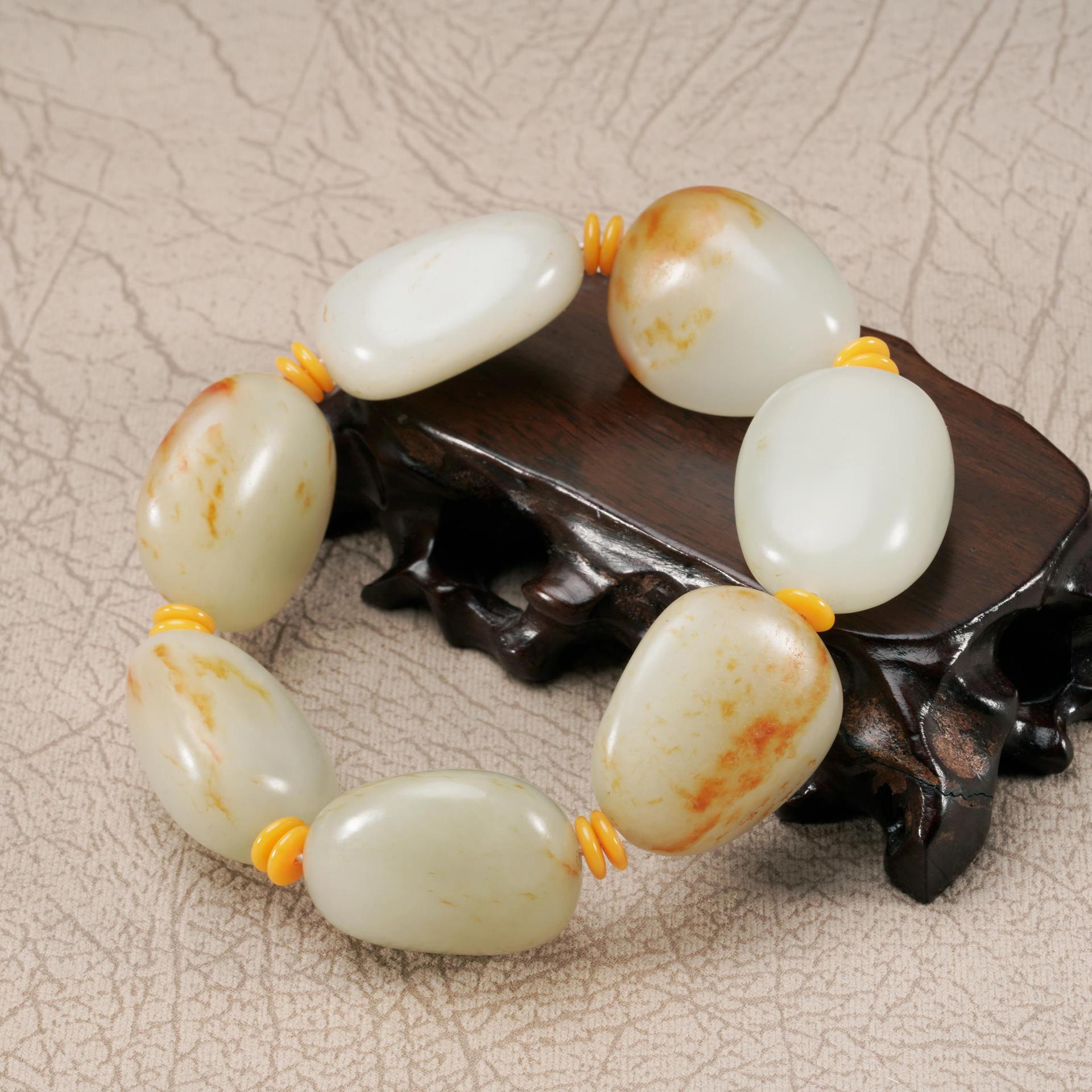 新疆和田玉籽料手链随型黄沁带皮籽料原石手串男女款