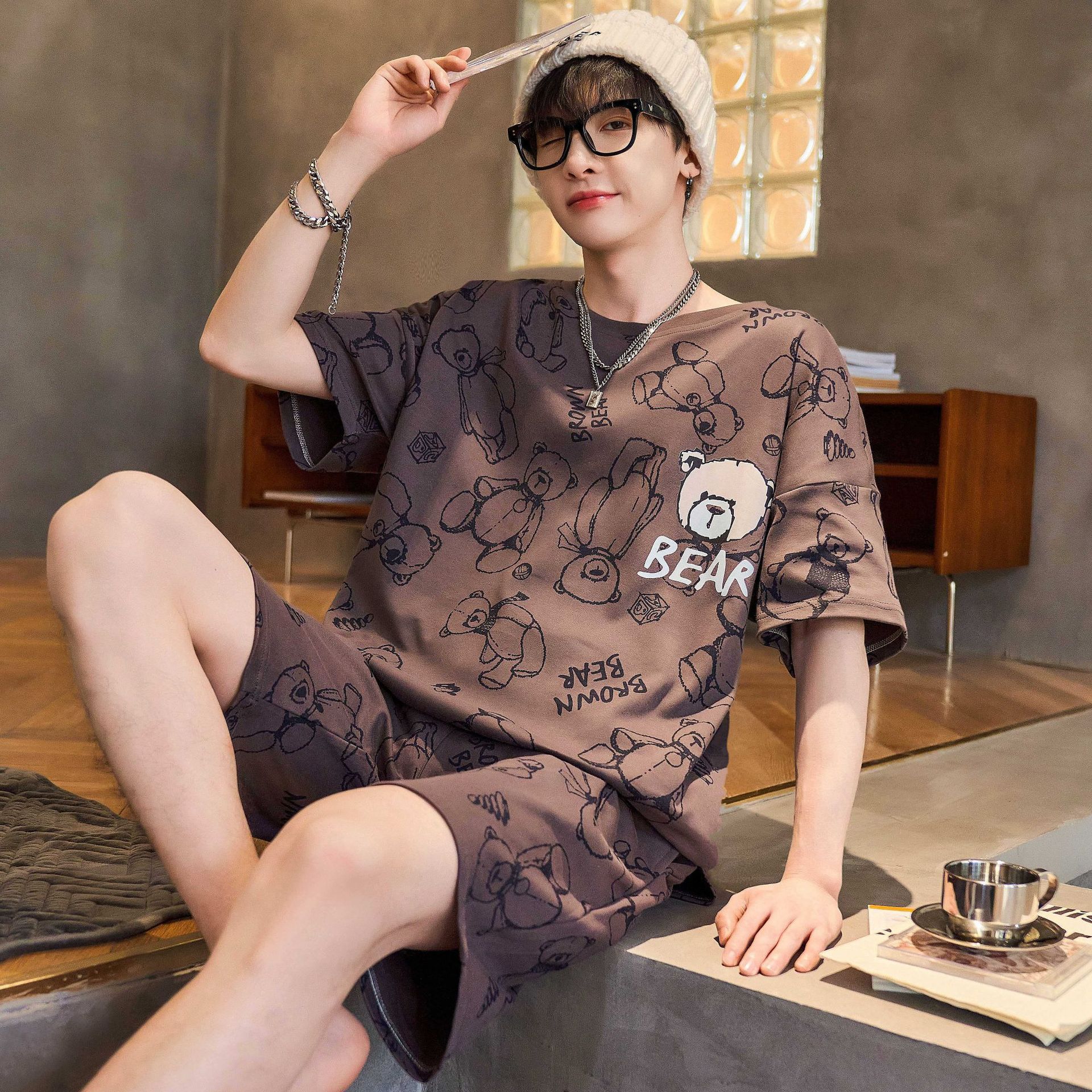 Men's Pajamas Summer Short-Sleeved Shirt and Shorts Thin Suit Teenagers plus Size Loose Version Can Be Worn outside Student Homewear