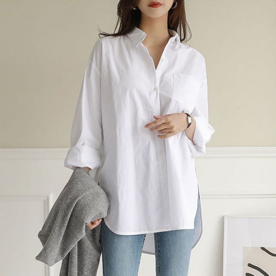 白衬衫长袖女春秋新款宽松文艺bf风衬衣中长款气质上衣设计感小众