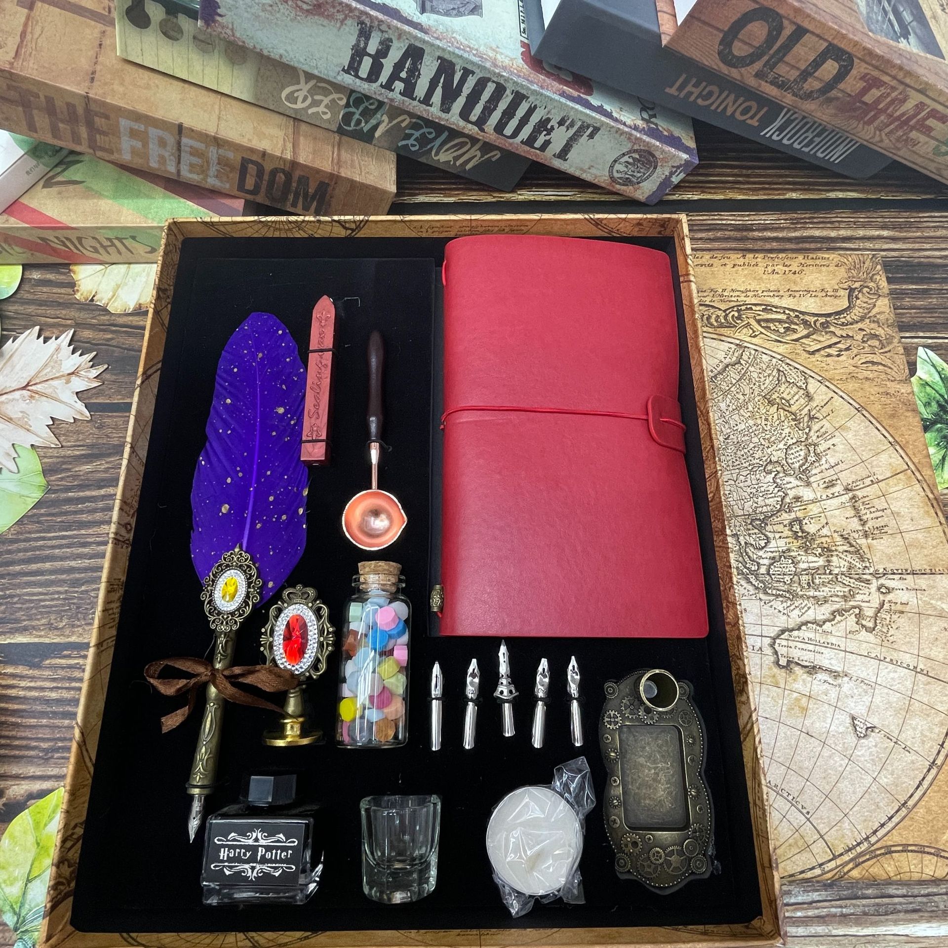 European-Style Retro Gold Feather Notebook Gift Box for Sending Presents Wax Seal Base Dipped in Water Pen Kit Wholesale
