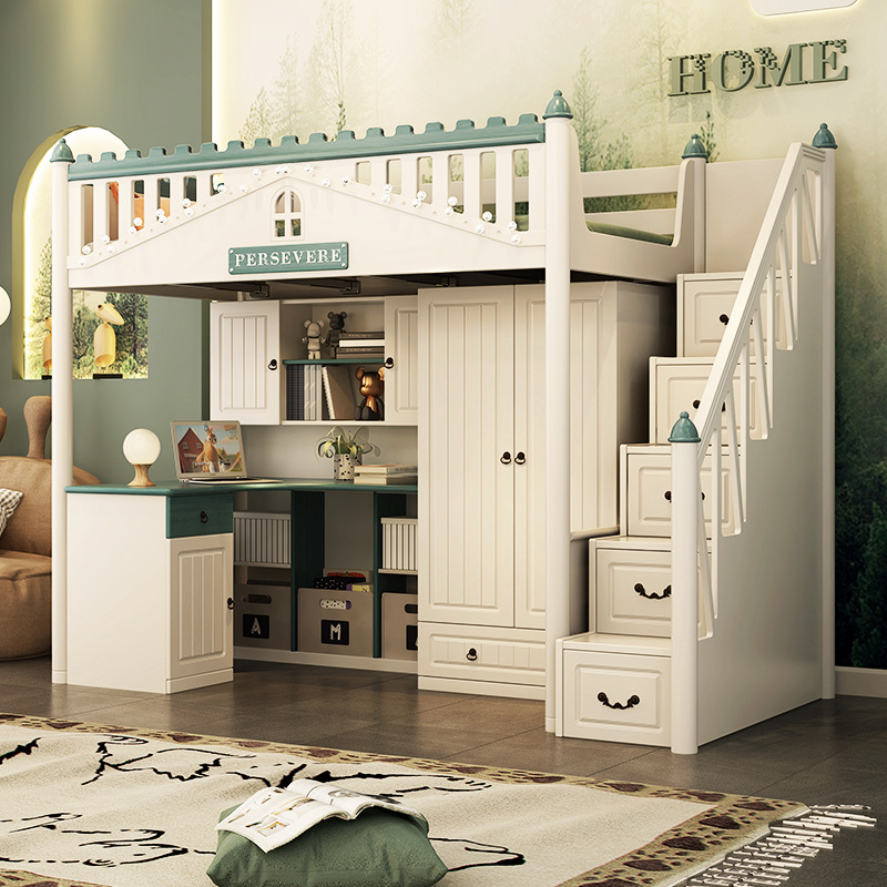 儿童床书桌床一体双层高低小户型上下床带衣柜上床下桌上下铺大人