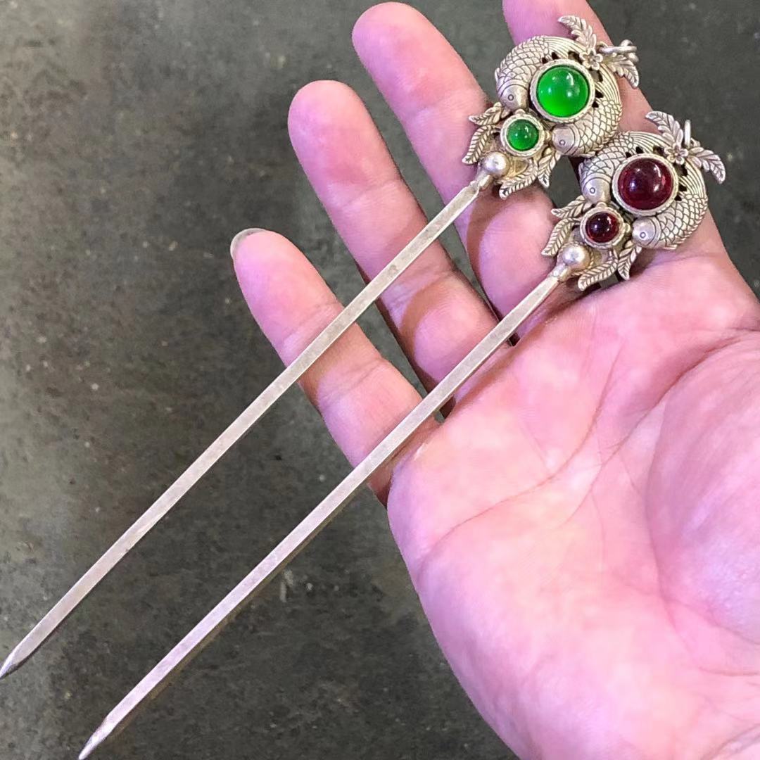 古玩苗银发簪发钗民族风藏银双鱼款发簪饰品古典盘发头饰一件代发