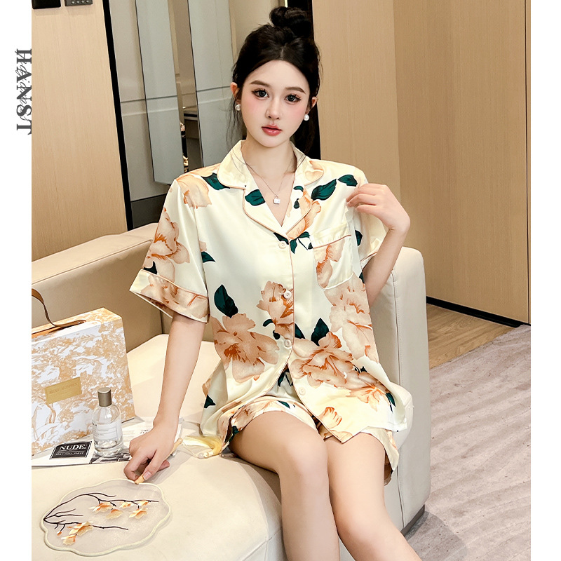2024夏季新款冰丝睡衣女短袖短裤可外出丝绸仿真丝家居服套装代发