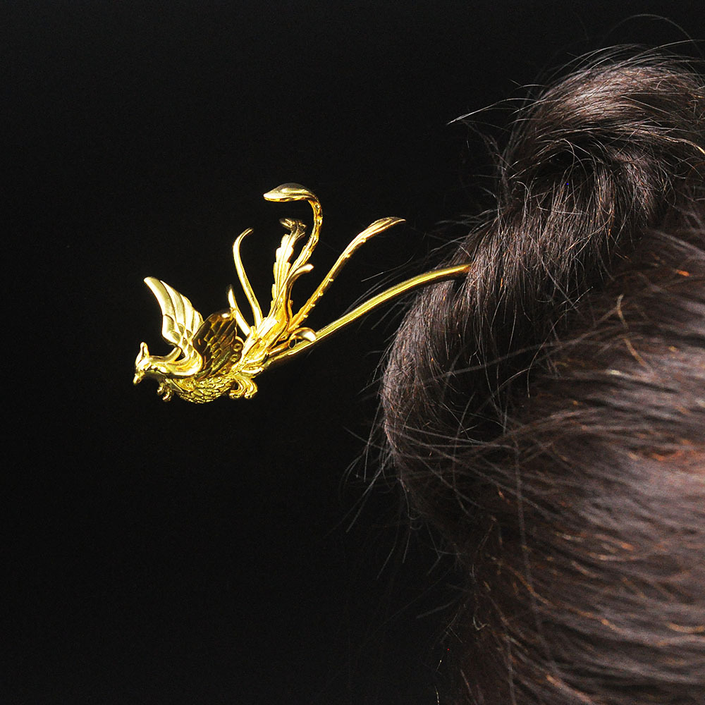 纯银镀厚金凤凰发簪汉服盘发头饰发簪结婚凤簪