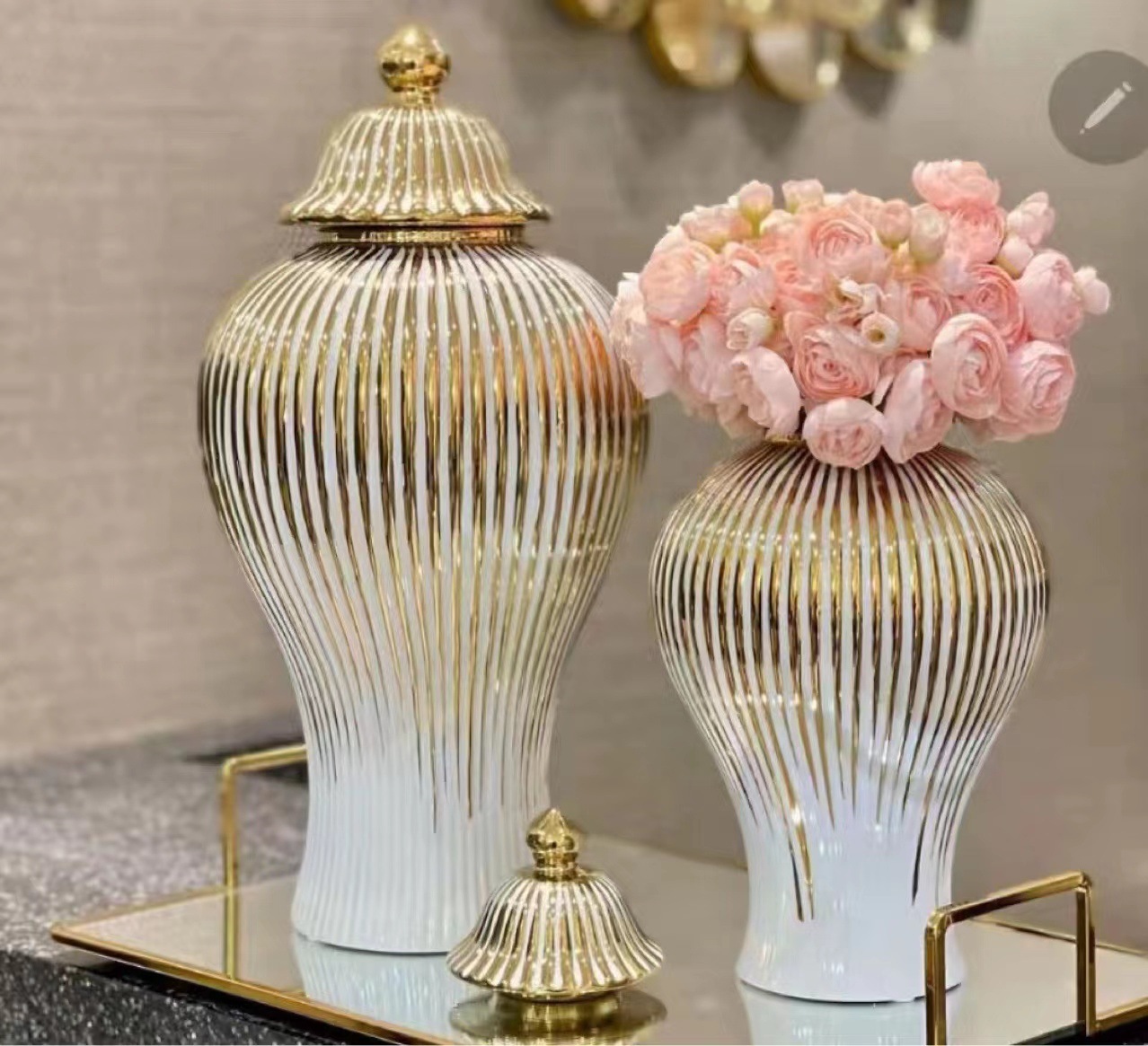 Ceramic Light Luxury Electroplating Temple Jar European Flower Vase Crafts Decoration Hallway Soft Outfit Decorative Storage Jar