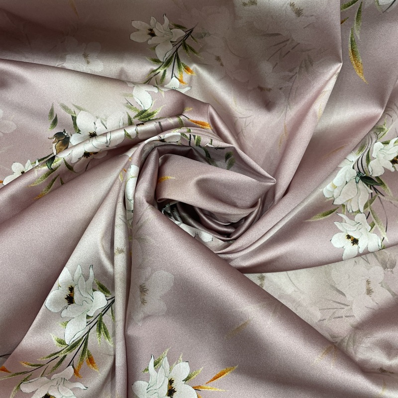 杭州丝绸厂家19姆米真丝弹力缎数码喷绘印花旗袍面料桑蚕丝布料